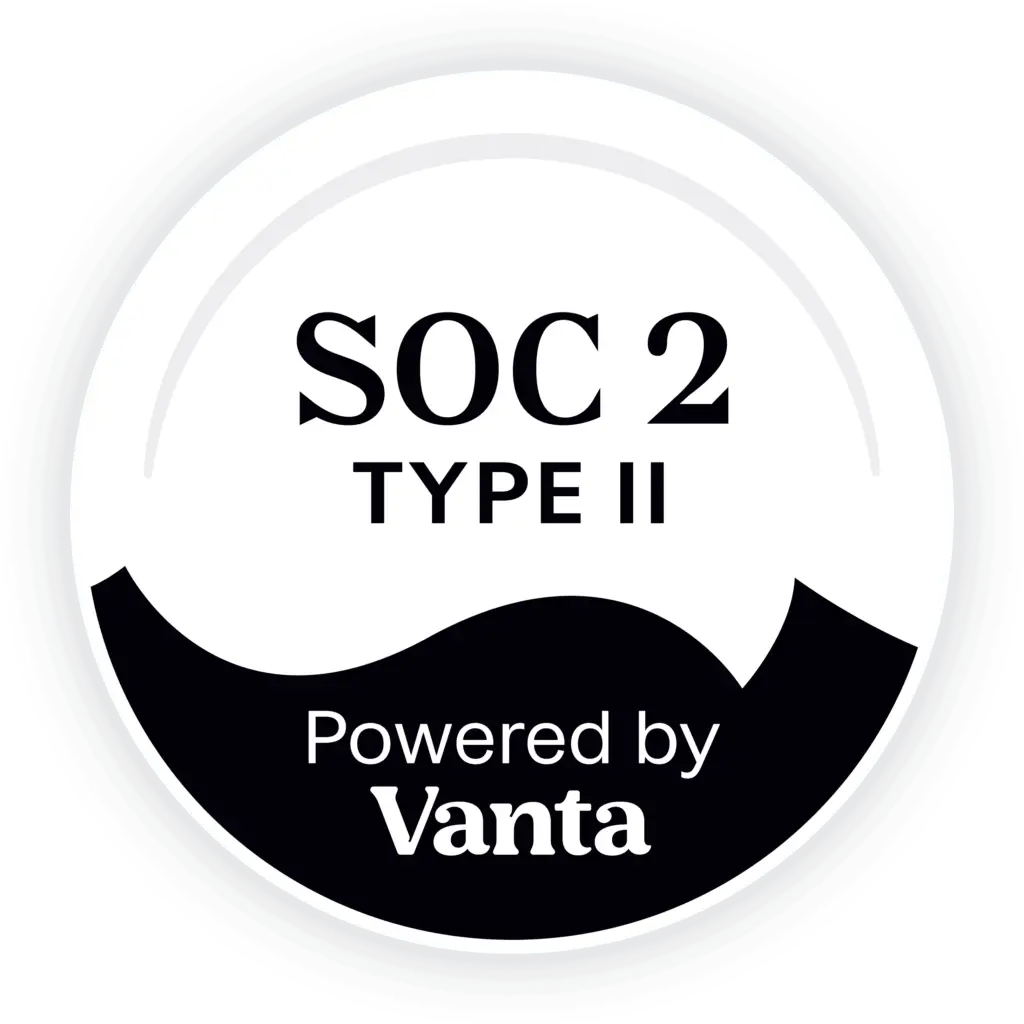 SOC 2 Type II certification badge, powered by Vanta, emphasizing data security and compliance for technology solutions.