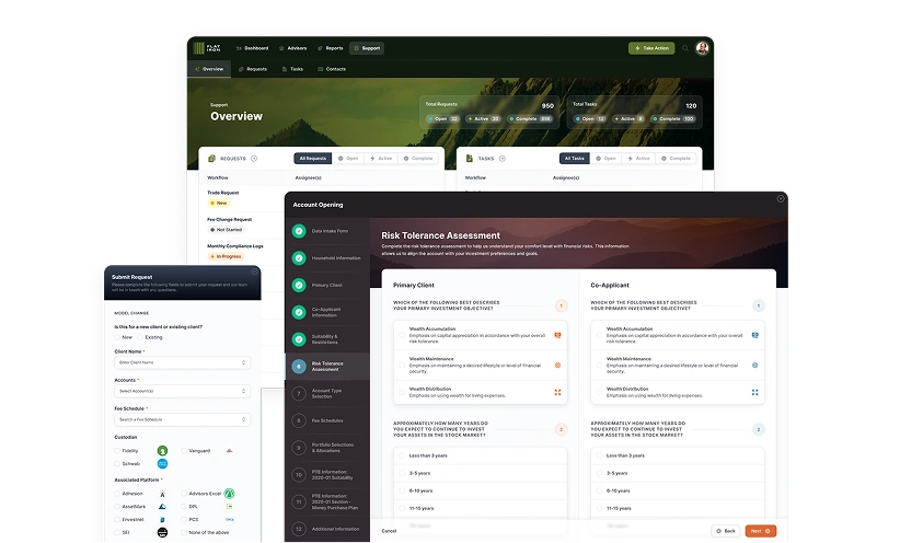 Investment management platform interface displaying account overview, task assignments, and risk tolerance assessment features for streamlined financial workflows.