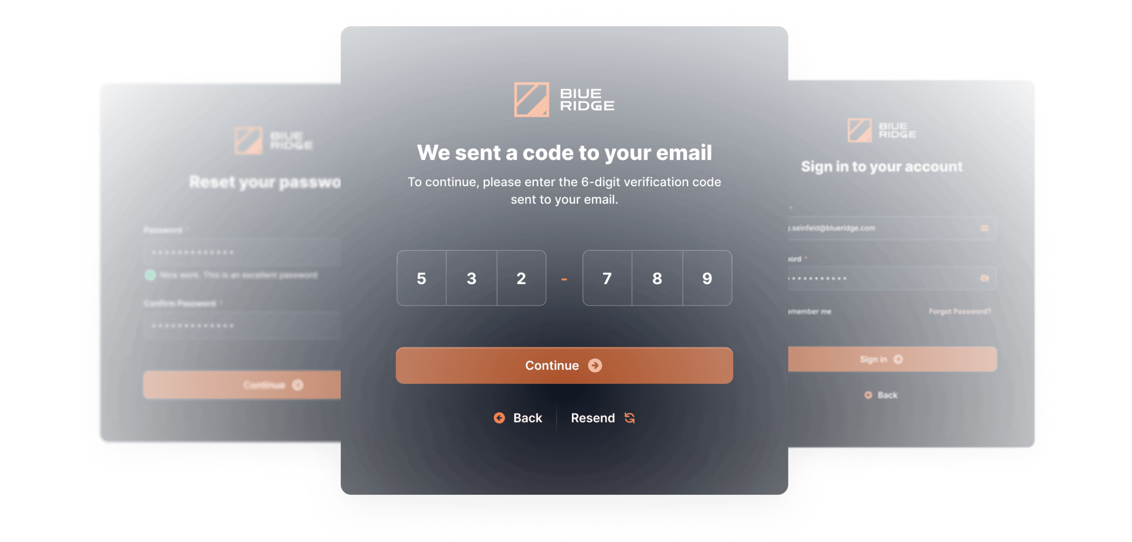 Password reset interface for Blue Ridge, featuring a verification code entry section with a 6-digit code input, and options to continue, go back, or resend the code.