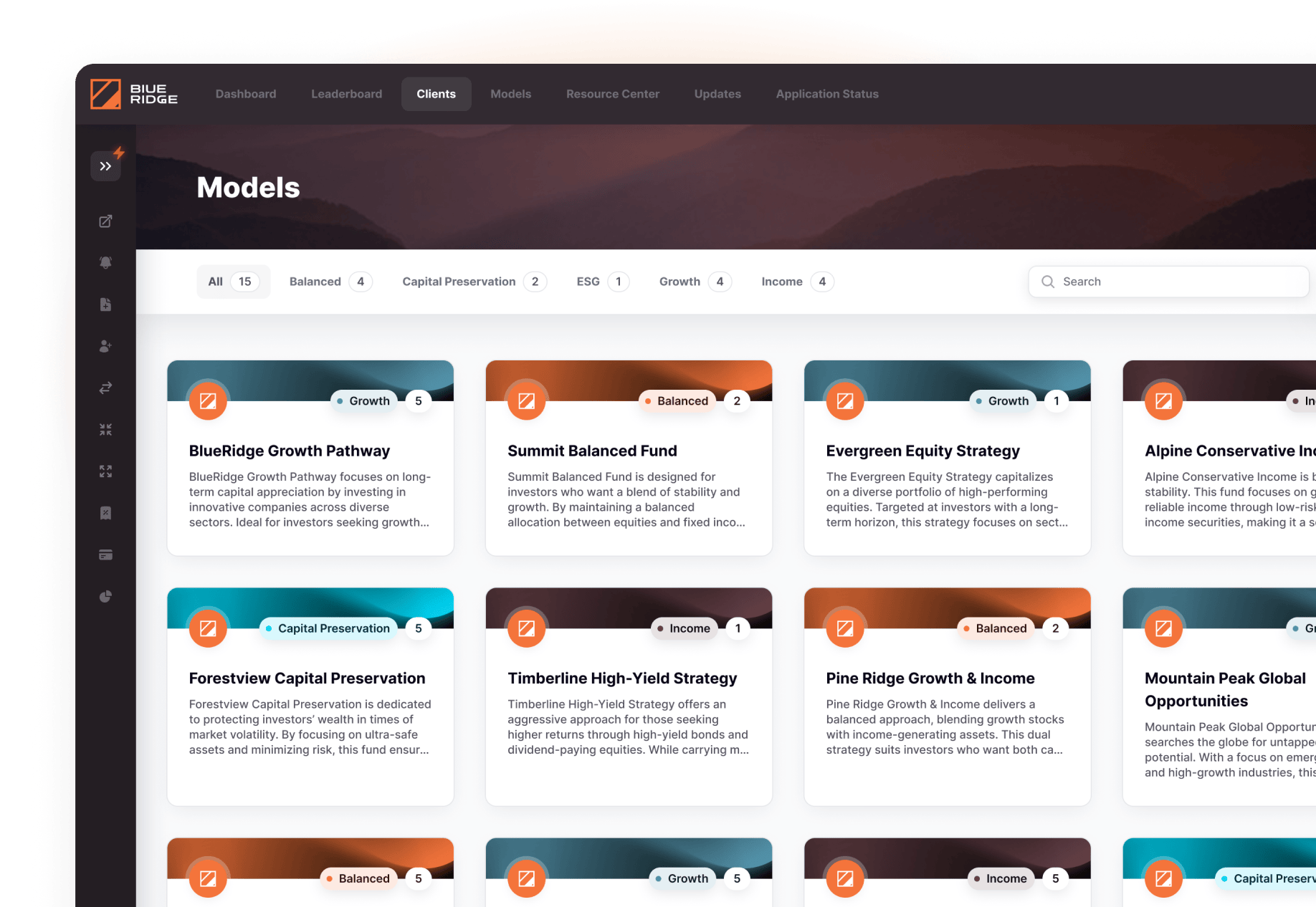 Models dashboard of the Milemarker™ platform displaying various investment strategies including BlueRidge Growth Pathway, Summit Balanced Fund, and Forestview Capital Preservation, designed for financial advisors to manage portfolios efficiently.
